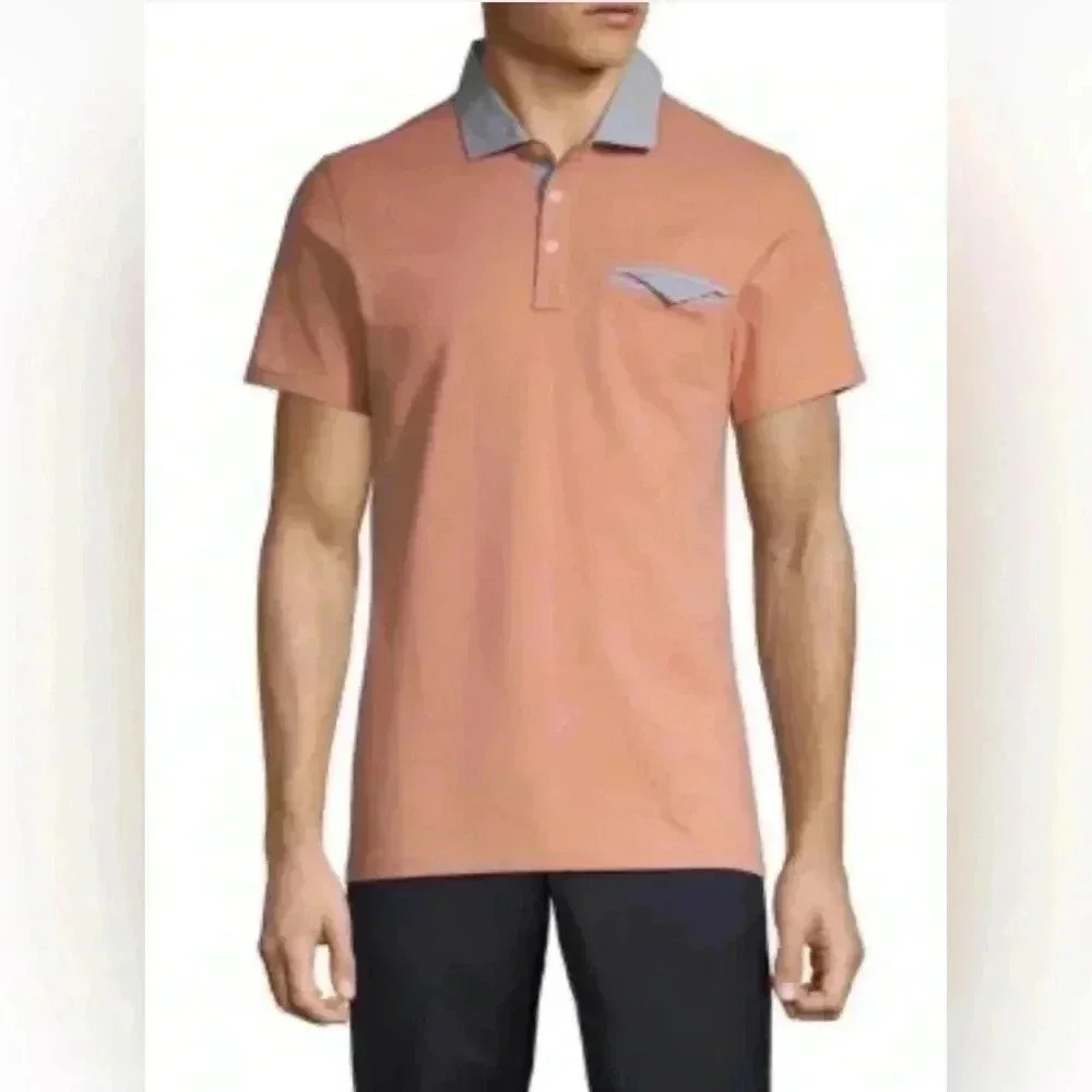 Saks Fifth Avenue Ash Rose denim polo short sleeve shirt L